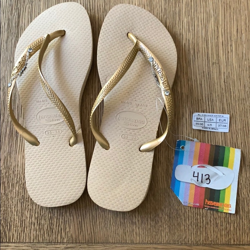 Havaianas Slim Flip Flops in Beige with Gold Straps